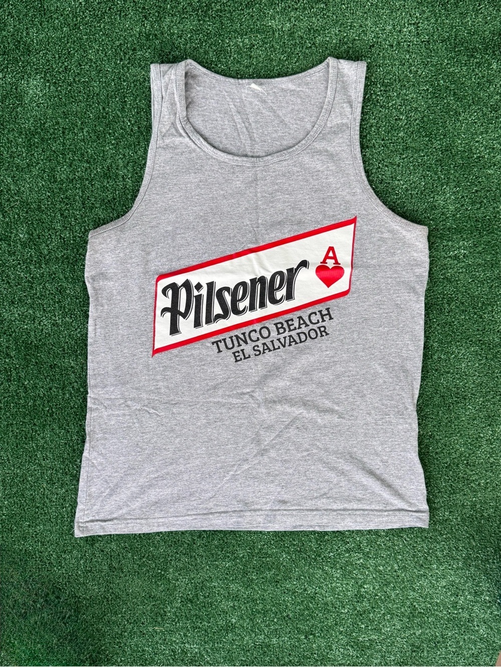Men’s Pilsener Beer Tunco Beach El Salvador Graphic Tank Top Heather Grey Size M